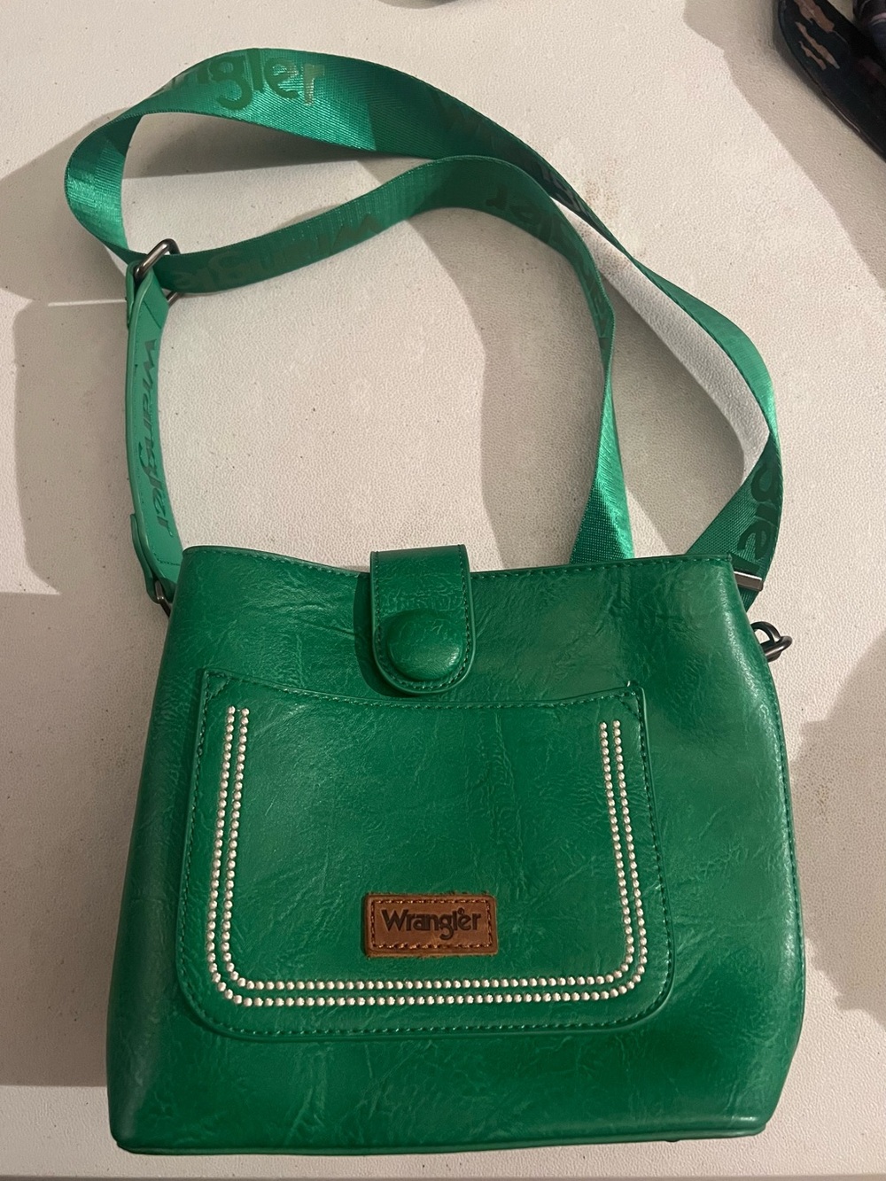 Wrangler Green Faux-Leather Shoulder Crossbody with Embellished Front Pocket